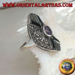 Shuttle Silberring besetzt mit Markasit mit Onyxkreuz und zentralem natürlichen ovalen Amethyst