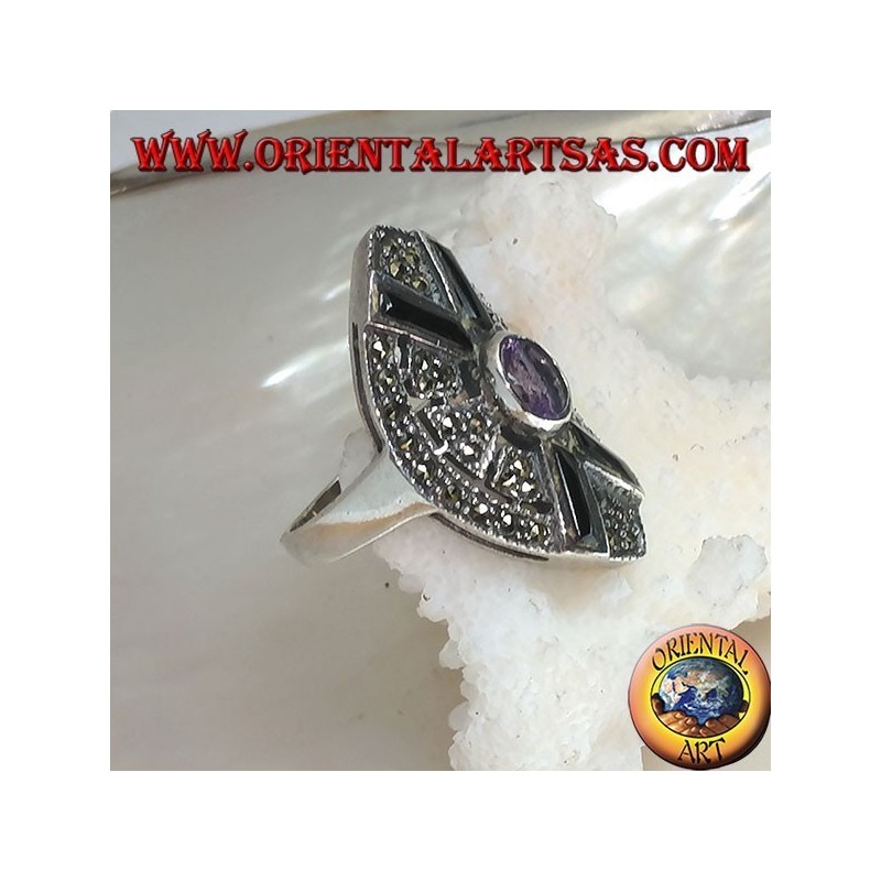 Shuttle anillo de plata tachonado de marcasita con cruz de ónice y amatista ovalada natural central