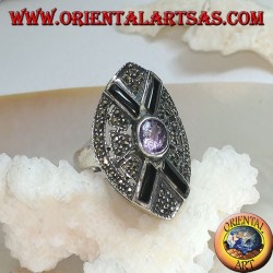 Bague Shuttle en argent sertie de marcassite avec croix en onyx et améthyste ovale naturelle centrale