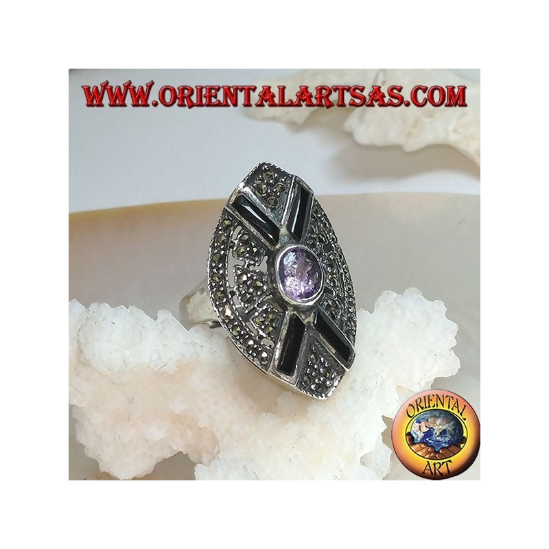 Shuttle anillo de plata tachonado de marcasita con cruz de ónice y amatista ovalada natural central