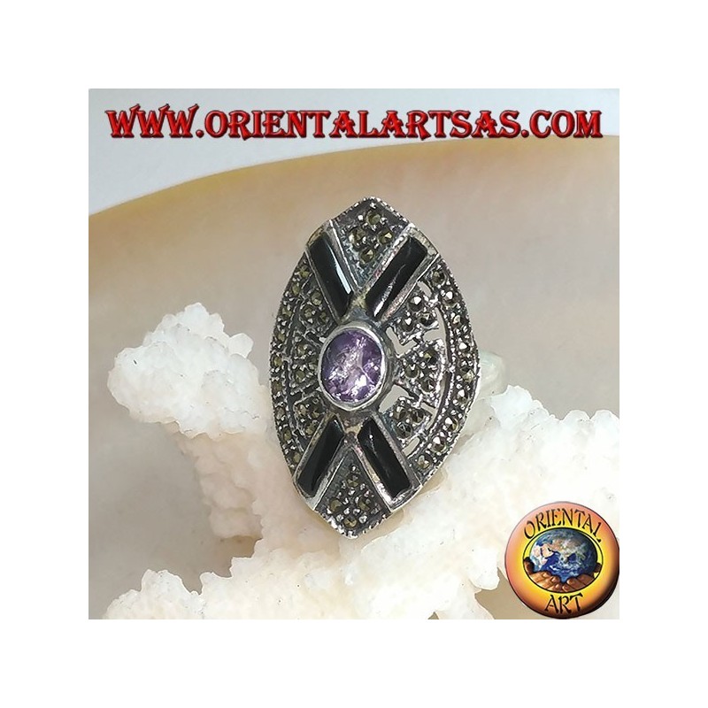 Shuttle Silberring besetzt mit Markasit mit Onyxkreuz und zentralem natürlichen ovalen Amethyst