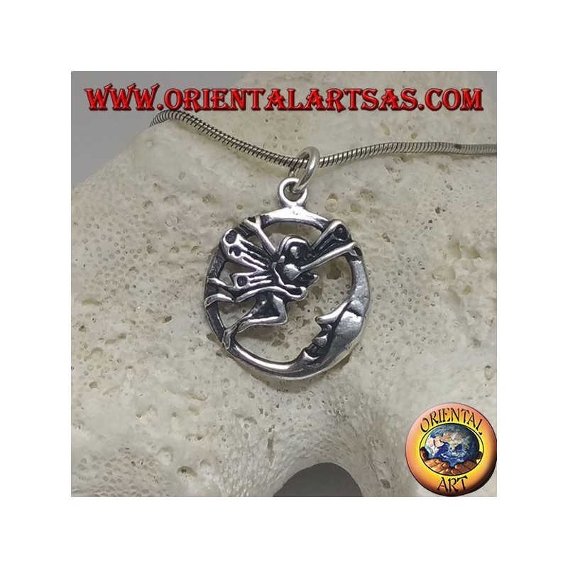 Silver pendant fairy flying in front of the moon in the circle