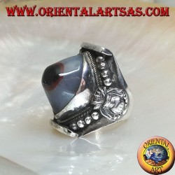 Anillo de plata con ágata de ojos Shiva ovalada de dos tonos en una configuración nepalí