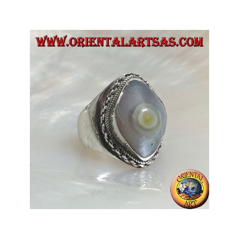 Anillo de plata con ágata de ojo Shiva transparente y borde de cadena