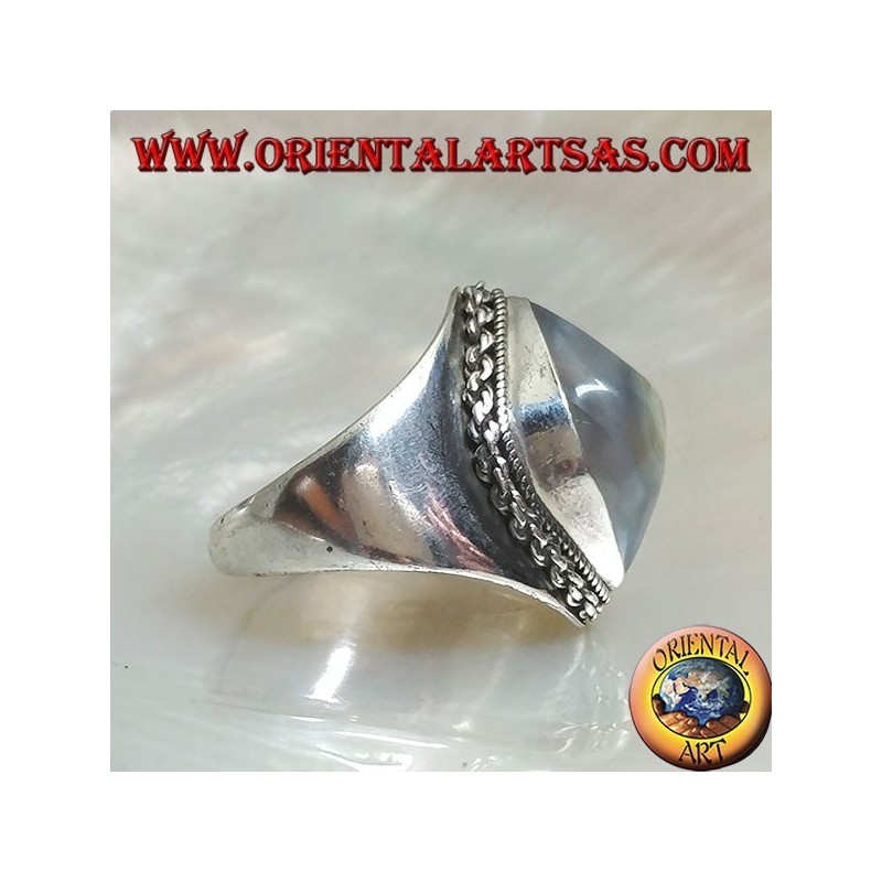 Anillo de plata con ágata de ojo Shiva transparente y borde de cadena