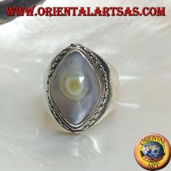 Anillo de plata con ágata de ojo Shiva transparente y borde de cadena