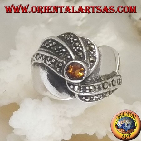 Silver ring with round yellow topaz and concentric spiral marcasite rows