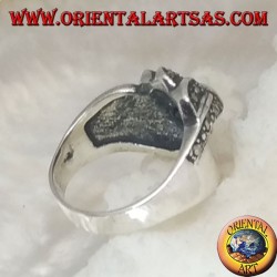 Silver ring with round garnet and concentric spiral marcasite rows