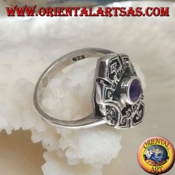 Shuttle silver ring with round natural amethyst and openwork decorations with marcasite