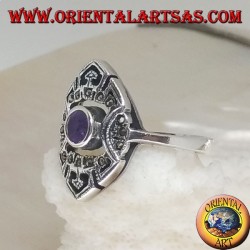 Shuttle Silberring mit rundem natürlichem Amethyst und durchbrochenen Verzierungen mit Markasit