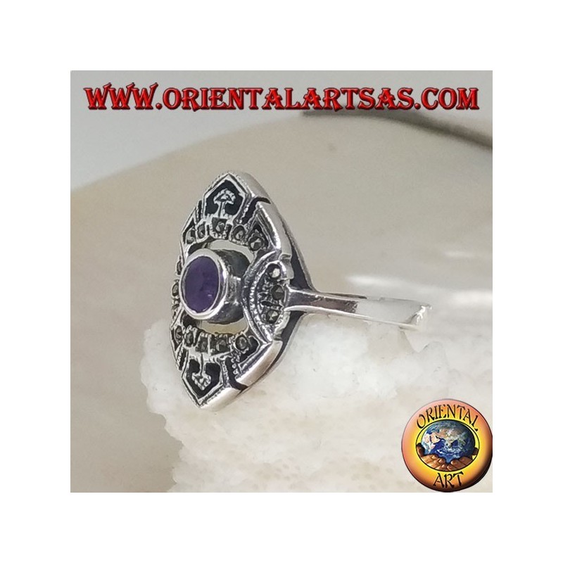 Shuttle Silberring mit rundem natürlichem Amethyst und durchbrochenen Verzierungen mit Markasit