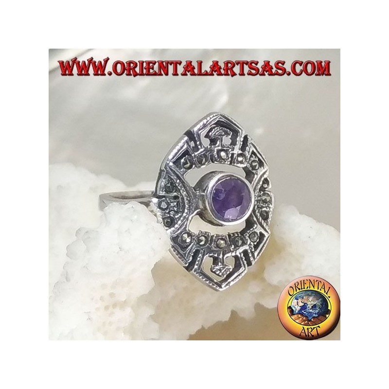Shuttle silver ring with round natural amethyst and openwork decorations with marcasite