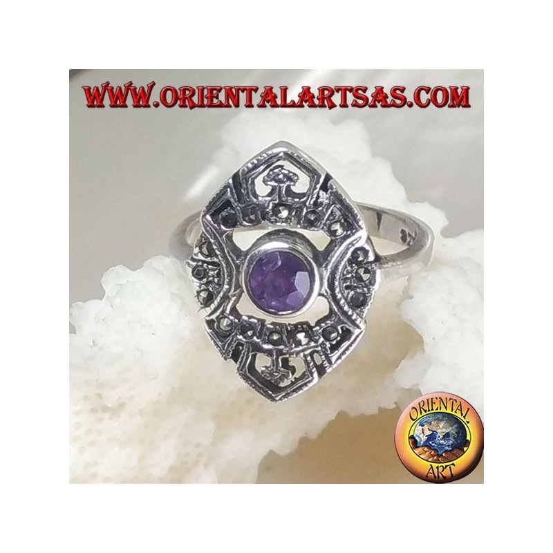 Shuttle silver ring with round natural amethyst and openwork decorations with marcasite