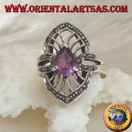 Silver ring with natural drop amethyst on perforated shuttle frame and marcasite outline
