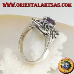 Silver ring with natural drop amethyst on perforated shuttle frame and marcasite outline