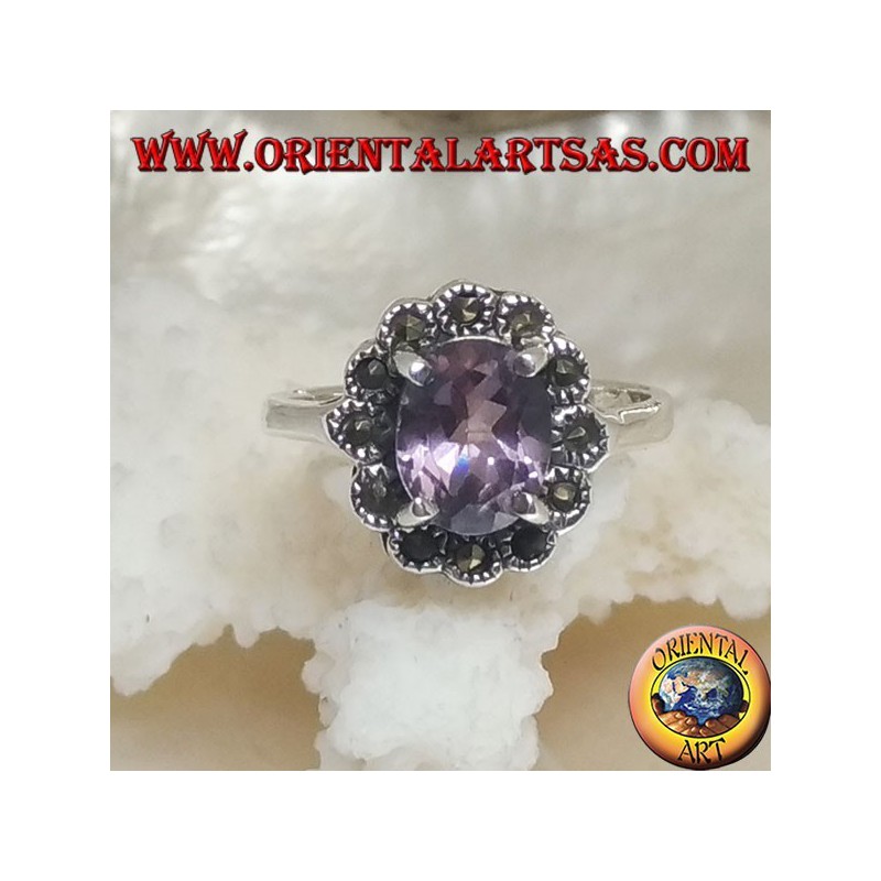 Daisy Silberring mit ovalem natürlichem Amethyst und Markasit mit Blütenblättern