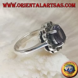 Daisy silver ring with oval natural amethyst set and marcasite with petals