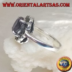 Daisy silver ring with oval natural amethyst set and marcasite with petals