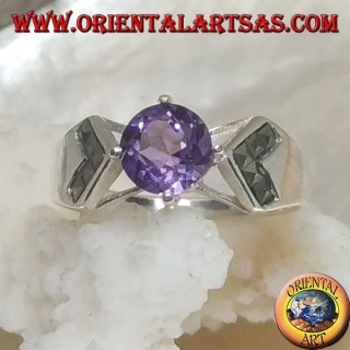 Silberring mit natürlichem rundem Amethyst und Innenpfeil aus Markasit