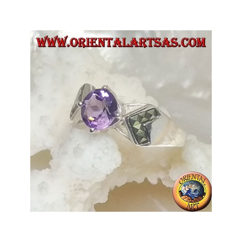 Silver ring with natural round amethyst set and inward arrow in marcasite