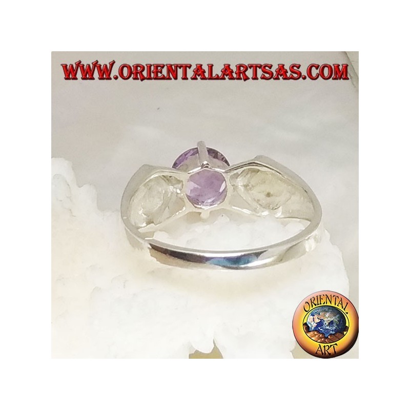 Silver ring with natural round amethyst set and inward arrow in marcasite