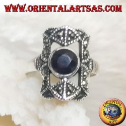 Silver ring with round natural garnet in a perforated rectangle with marcasites