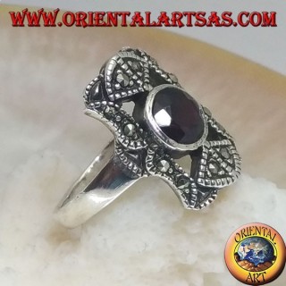 Silver ring with round natural garnet in a perforated rectangle with marcasites