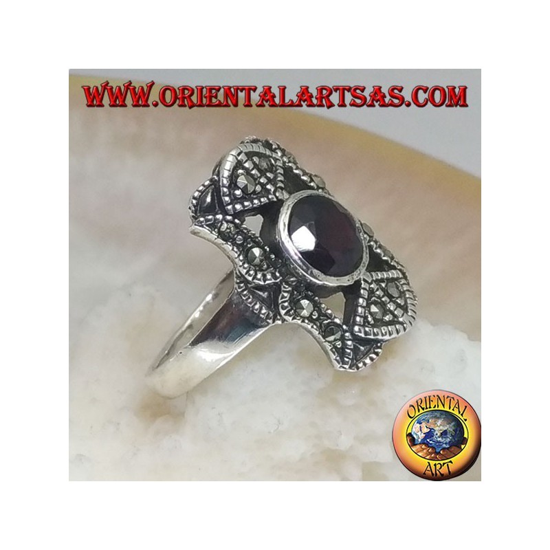 Silver ring with round natural garnet in a perforated rectangle with marcasites