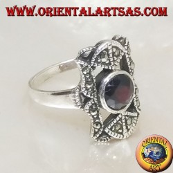 Silver ring with round natural garnet in a perforated rectangle with marcasites