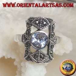 Silver ring with round celestial zircon in a perforated rectangle with marcasites
