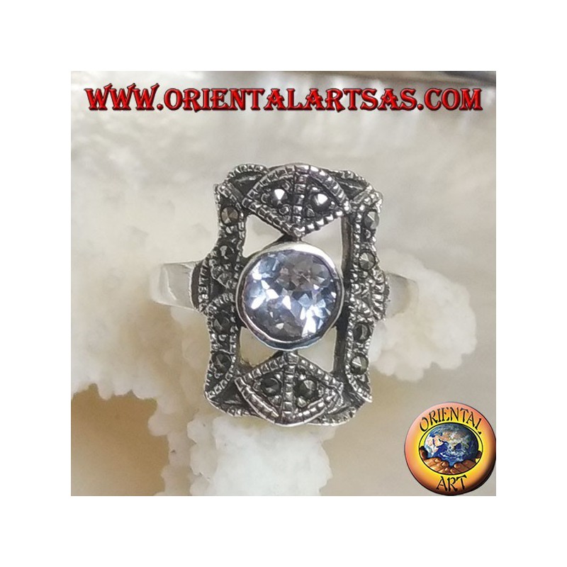 Silver ring with round celestial zircon in a perforated rectangle with marcasites