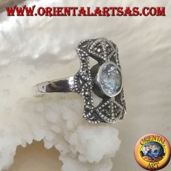 Silver ring with round celestial zircon in a perforated rectangle with marcasites