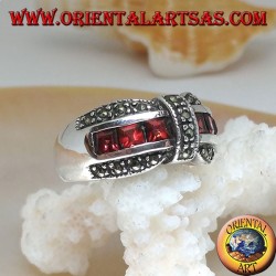 Silver bow tie ring with a row of square garnet and marcasite garnishes