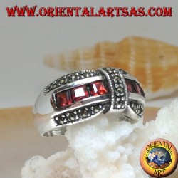 Silver bow tie ring with a row of square garnet and marcasite garnishes