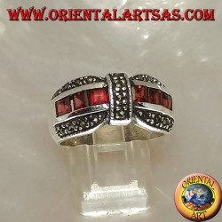 Silver bow tie ring with a row of square garnet and marcasite garnishes