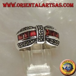 Silver bow tie ring with a row of square garnet and marcasite garnishes