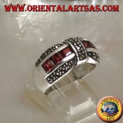 Silver bow tie ring with a row of square garnet and marcasite garnishes