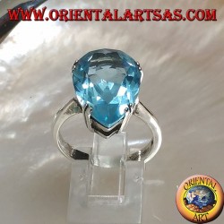 Silver ring with large blue drop topaz set with a claw setting