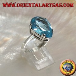 Silver ring with large blue drop topaz set with a claw setting