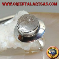 Silver ring with Sri Yantra Mandala engraved on a round rock crystal and smooth setting