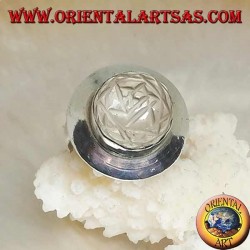 Silver ring with Sri Yantra Mandala engraved on a round rock crystal and smooth setting