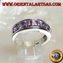 Band silver ring with a row of square amethyst