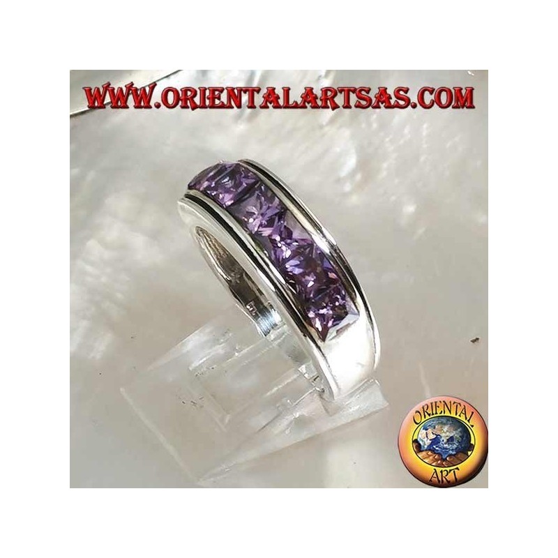 Band silver ring with a row of square amethyst