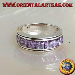 Band silver ring with a row of square amethyst