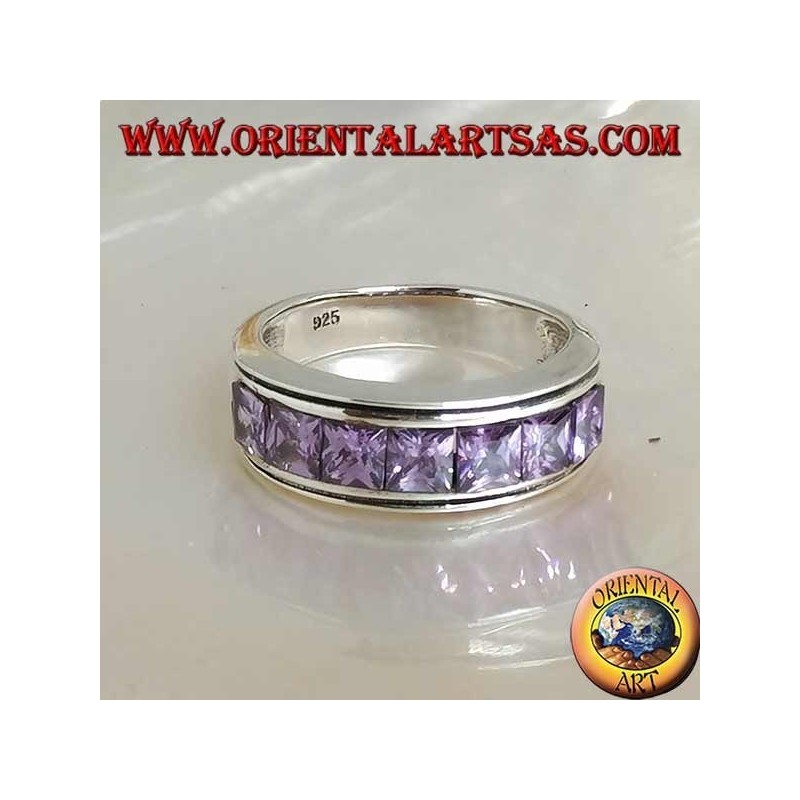 Band silver ring with a row of square amethyst