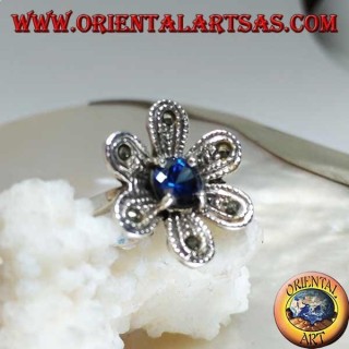 "Bethlehem star" flower-shaped silver ring with round sapphire and marcasite zircon
