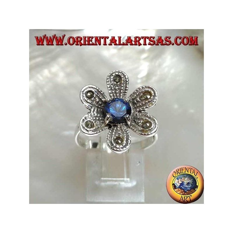 Bague en argent forme fleur "étoile de Bethléem" avec saphir rond et zircon marcassite