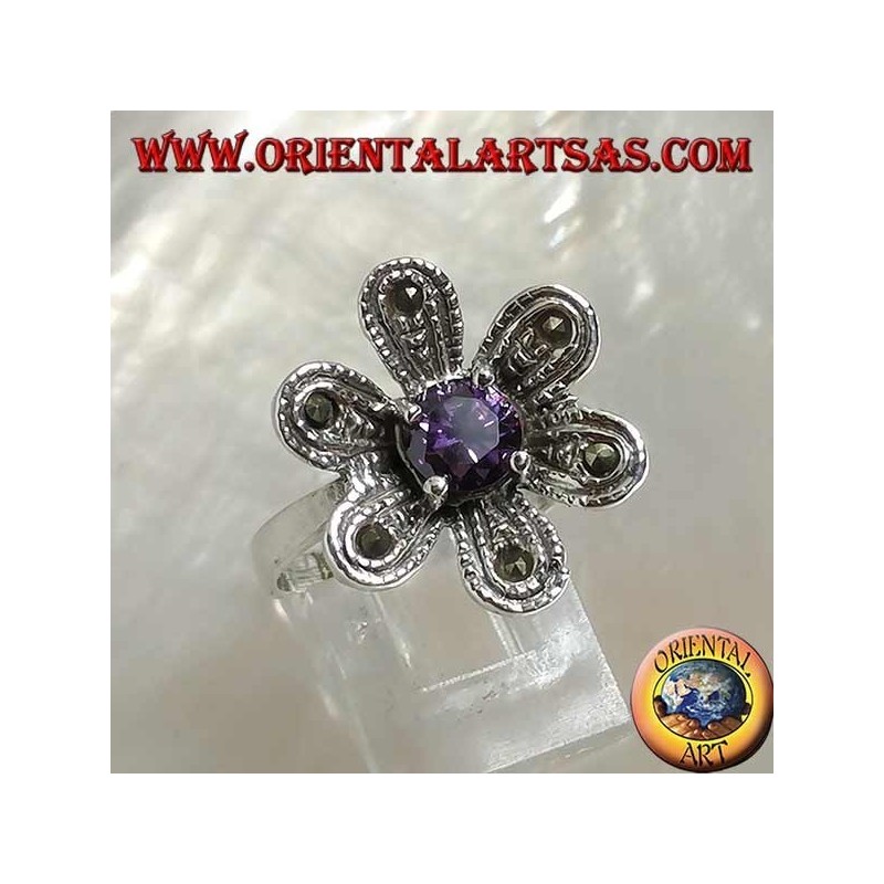 Bague en argent en forme de fleur "étoile de Bethléem" avec améthyste ronde et zircon de couleur marcassite