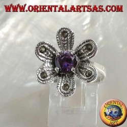 Silver ring in the shape of a flower "star of bethlehem" with round amethyst and marcasite colored zircon
