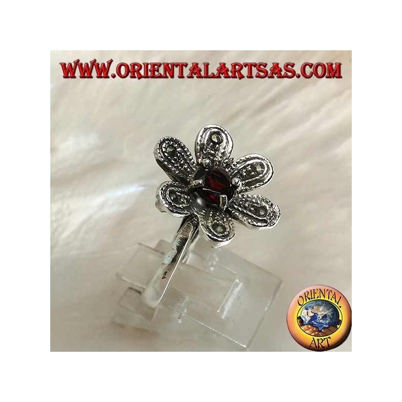 Silver ring in the shape of a flower "star of bethlehem" with round natural garnet and marcasite